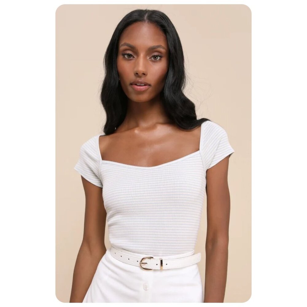 ! NWT Lulus Leisurely Charm Ivory Blue Striped Ribbed Cap Sleeve Top sz M